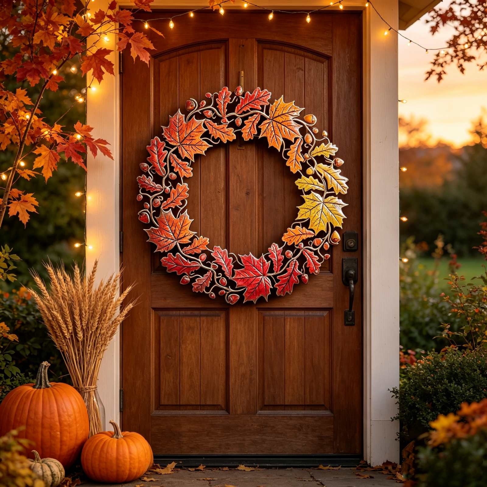 HOARBOEG Handmade Wrought Iron Maple Leaf Wreath, Thanksgiving Rudolph Fall Harvest Door Hanging, Orange Metal Autumn Wreath with Berries, Garden Wall Decor, 15.75 in
