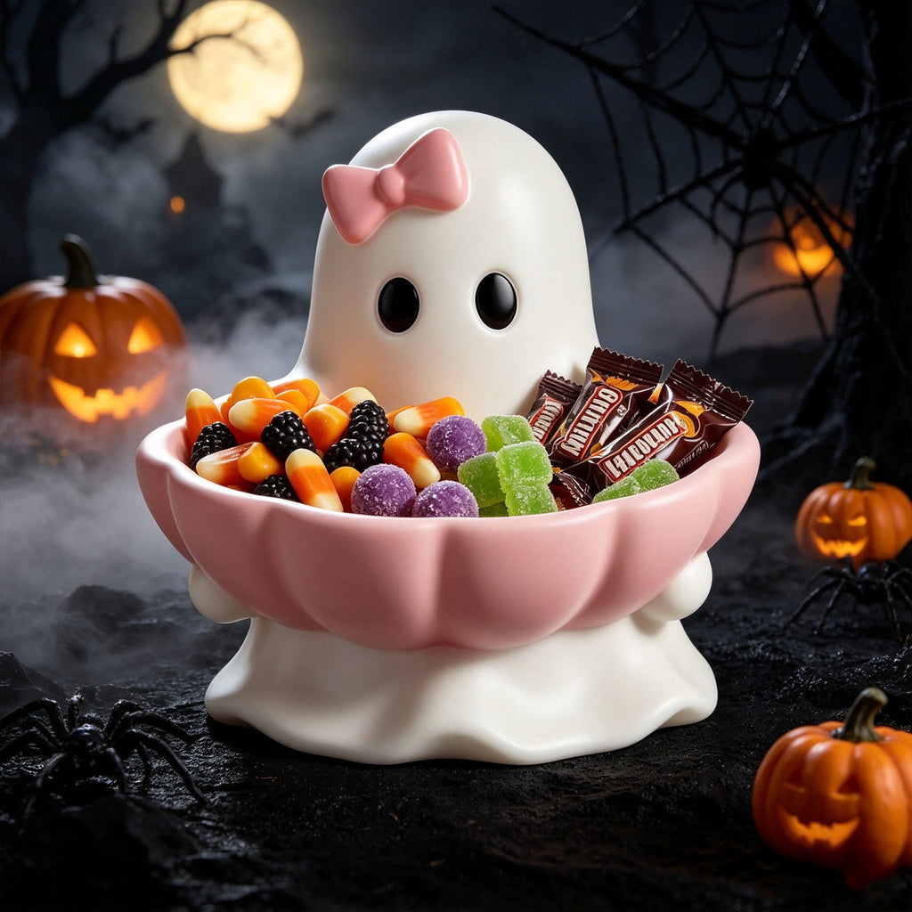 Pink Halloween Decor Ghost Candy Bowl Figurine with Bow and Scalloped Holder for Indoor Tabletop Decor and Party Favor Display