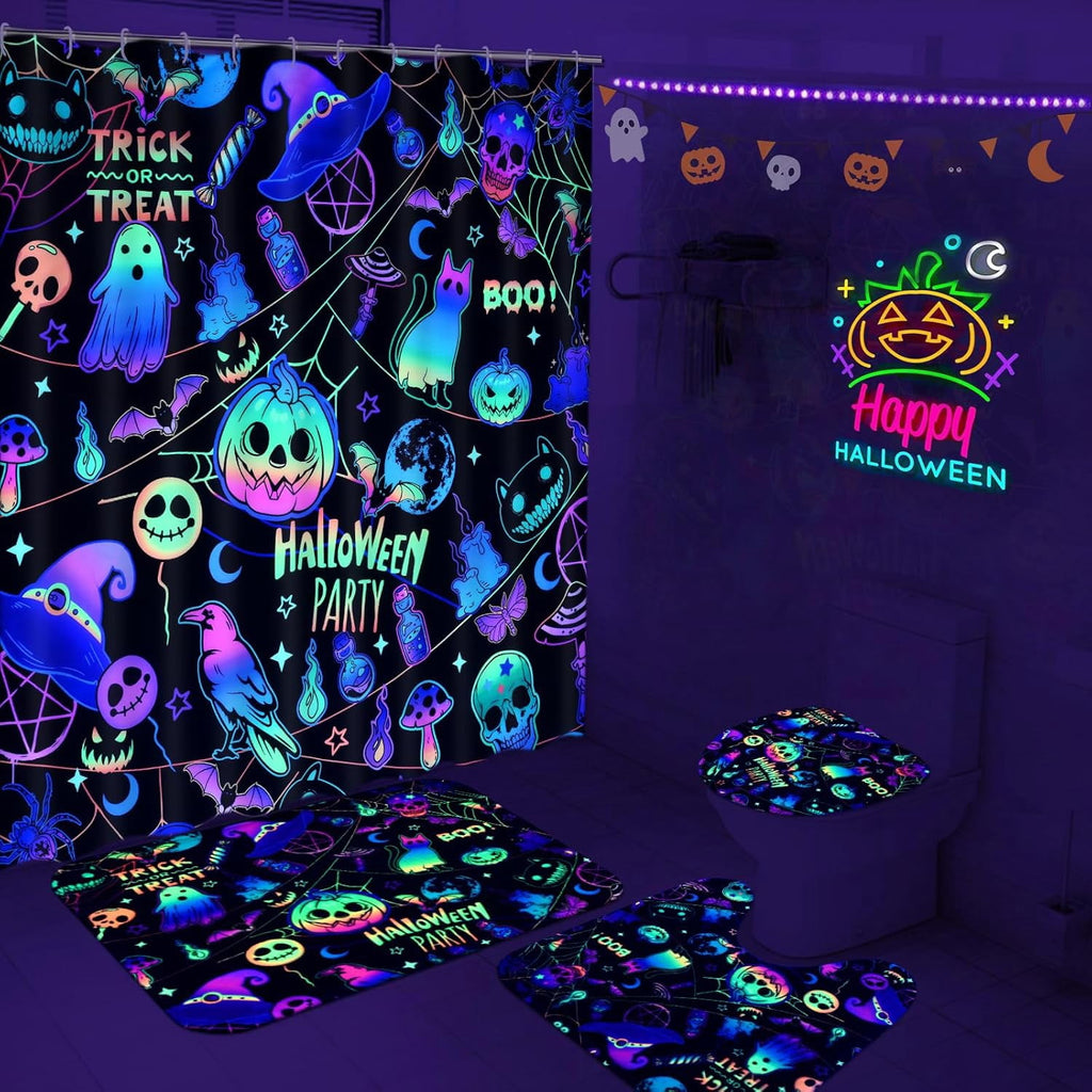 FRAMICS Halloween Shower Curtain Sets with Rugs, 16 Pc Pumpkin Spooky Ghost Bathroom Sets, Black Waterproof Fabric Shower Curtain with 12 Hooks and Toilet Rugs