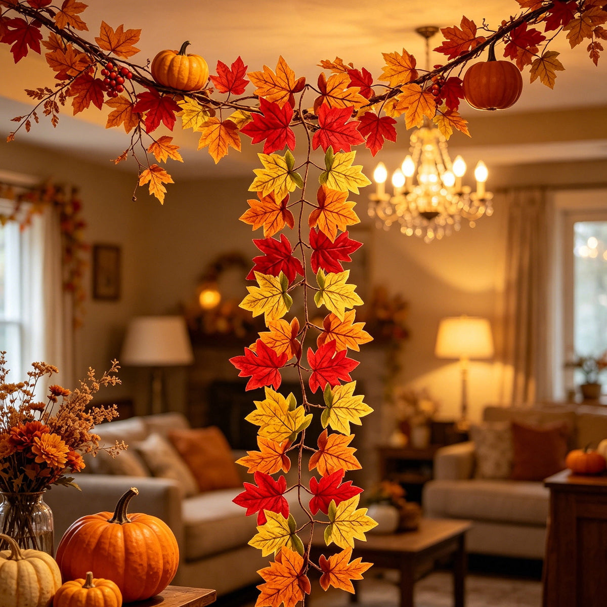 WKSCLPAI Halloween Maple Leaf Garland, Fall Vine Wreaths for Autumn Festivities Decor,Seasonal Garlands for Home,Halloween & Fall Decorations