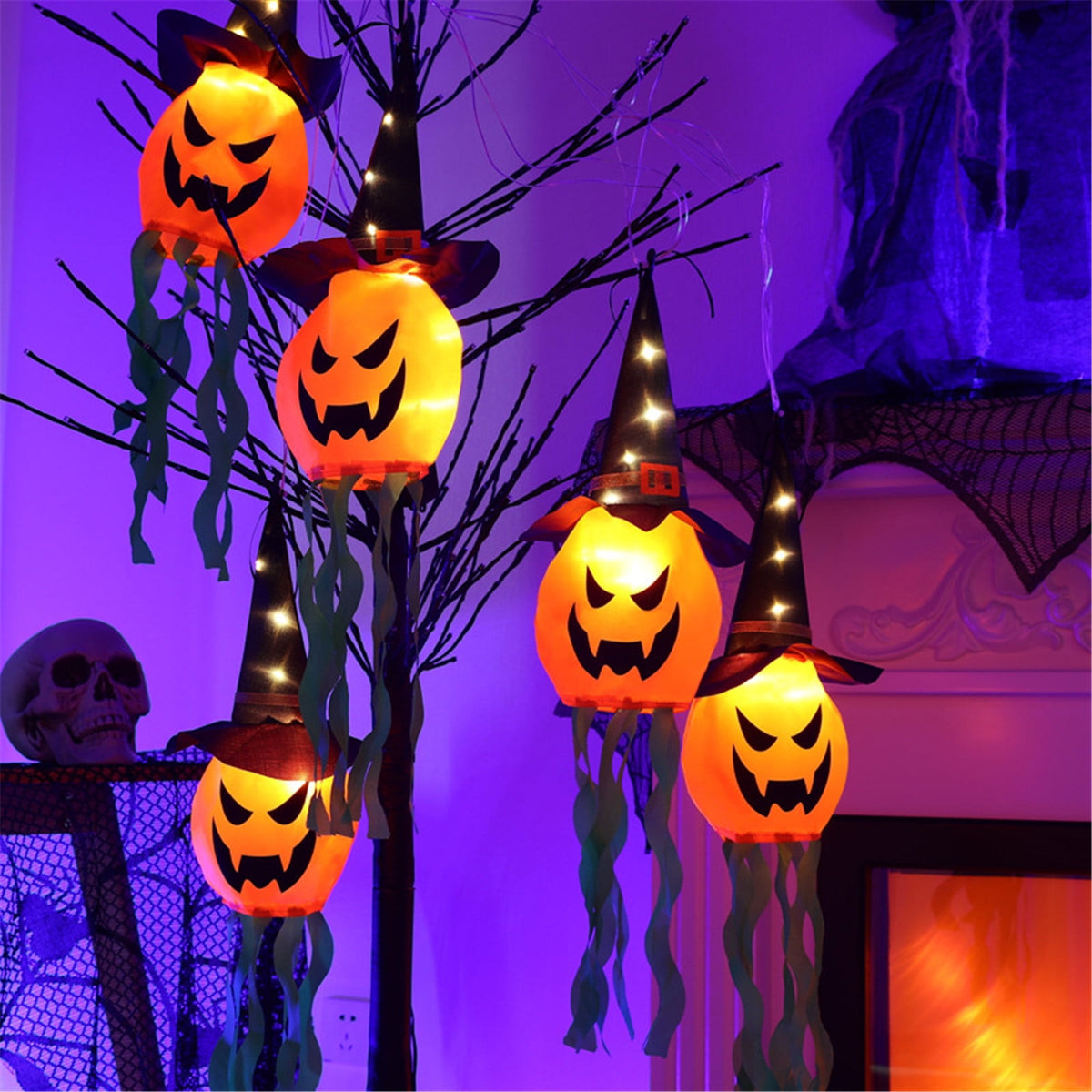 Gallickan Halloween Decorations Outdoor Decor, Hanging Lighted Glowing Pumpkin Witch Hat, Lighted Up Halloween Decorations for Indoor Outside Party Yard Tree Garden, A