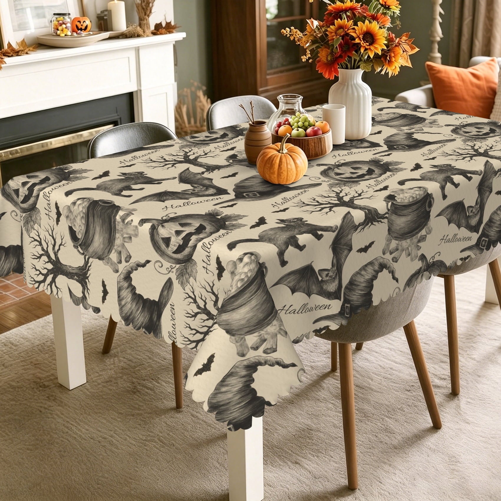 Pbobriich Vintage Halloween Tablecloth, Witch Hat Bat, Holiday Kitchen Dining Room Party Decor, 60x84