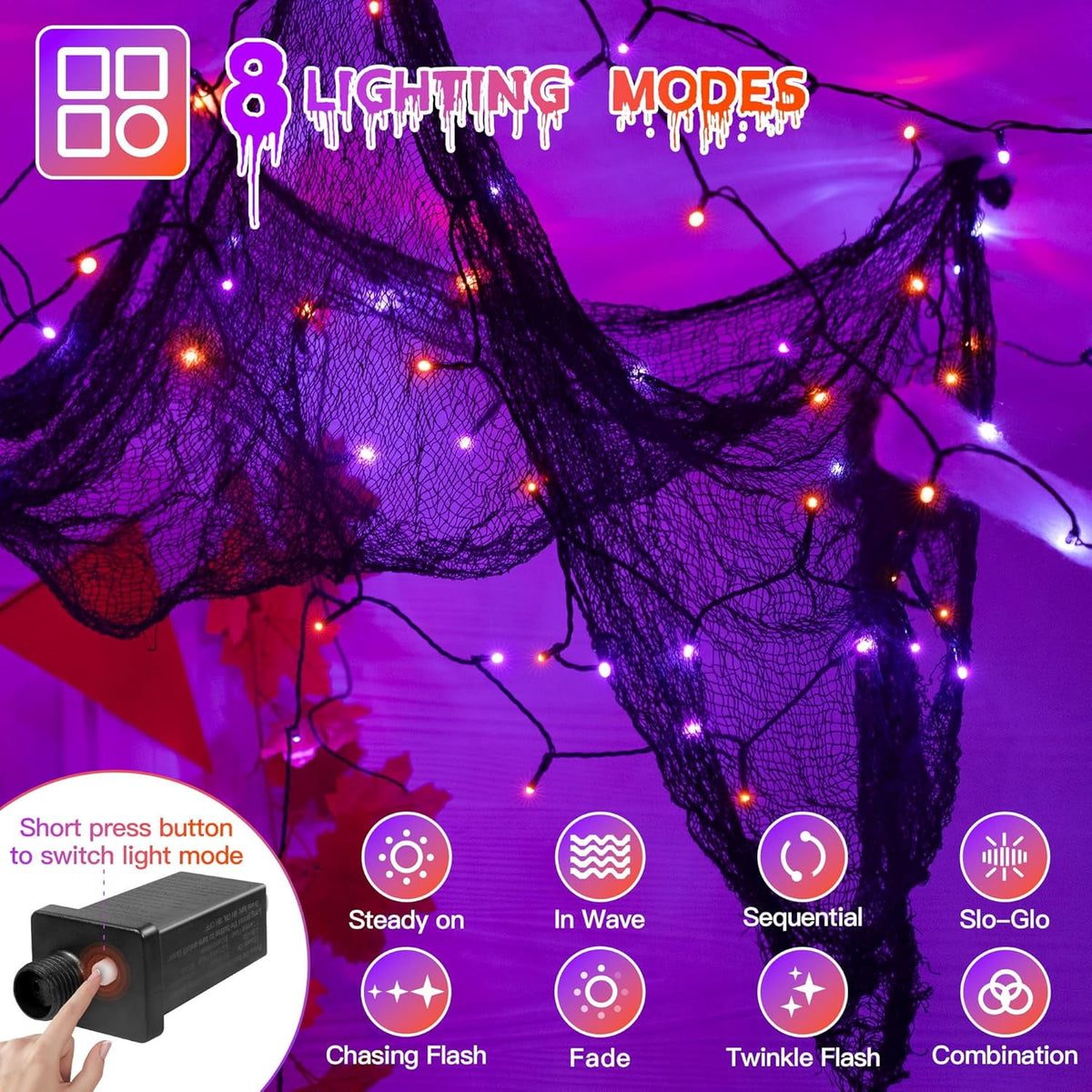 66FT 200 LED Halloween Lights, Halloween Lights Outdoor with 8 Lighting Modes, Waterproof Halloween String Lights for Christmas Outdoor Party Yard Garden Decoration