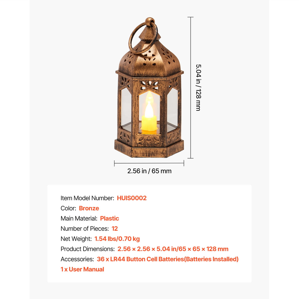 KFFKFF 12-Piece Decorative Candle Lantern Set,LED Flameless Candles with Plastic Frames and Glass Panels, Hanging Lanterns for Indoor and Outdoor Decor, Ideal for Parties,and Farmhouse Style, Bronze