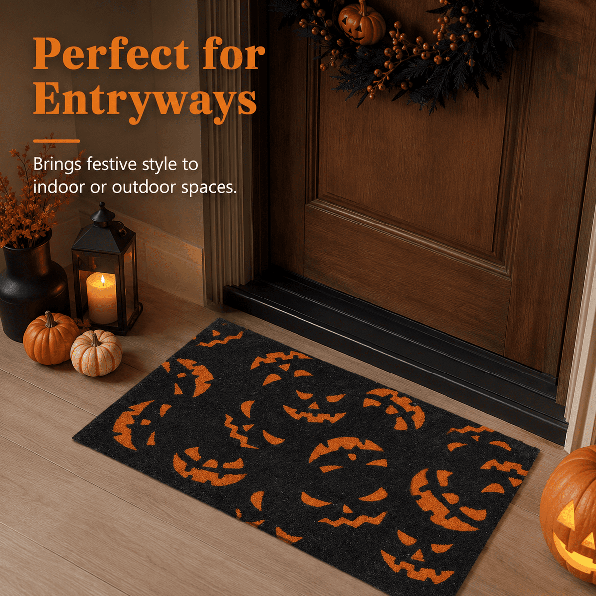 Doormat with Black and Orange Pumpkin Face Pattern, Durable Fiber Material for Outdoor Porch Front Door, Festive Halloween Decor,40 x 60 cm