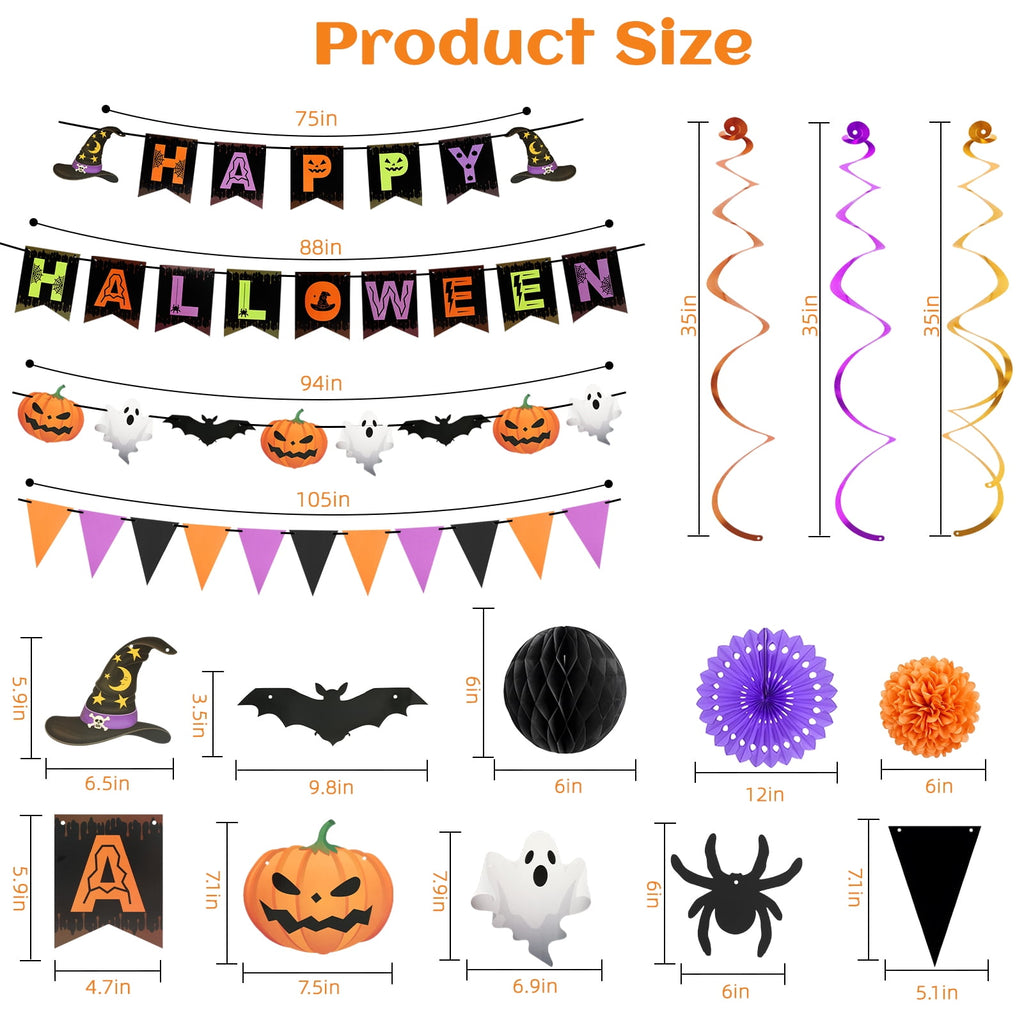 KORALAKIRI Halloween Party Decorations Happy Halloween Banner Honeycomb Balls Paper Fans Hanging Swirls Triangle Garland for Indoor Home Office Class School Party Supplies