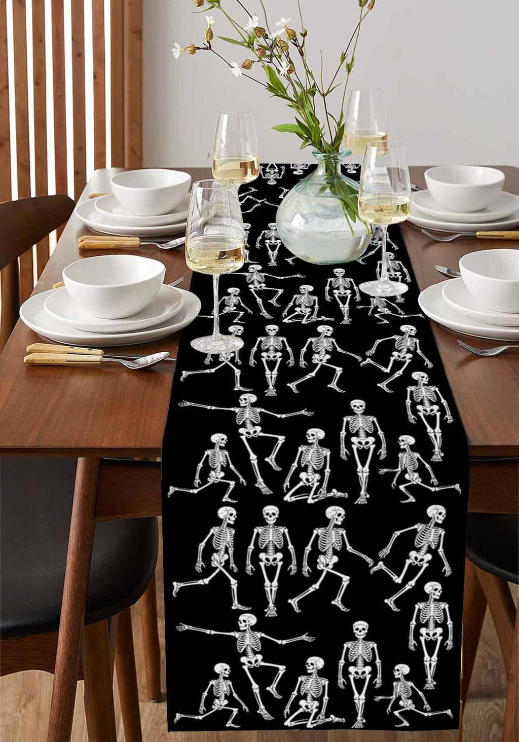 Halloween Burlap Cotton Table Runner 13x120 Inches Long, Funny Skeleton Spooky Scary Skull Black Farmhouse Table Runners, Outdoor Dining Tablecloths Decor for Baby Shower/Party/Wedding