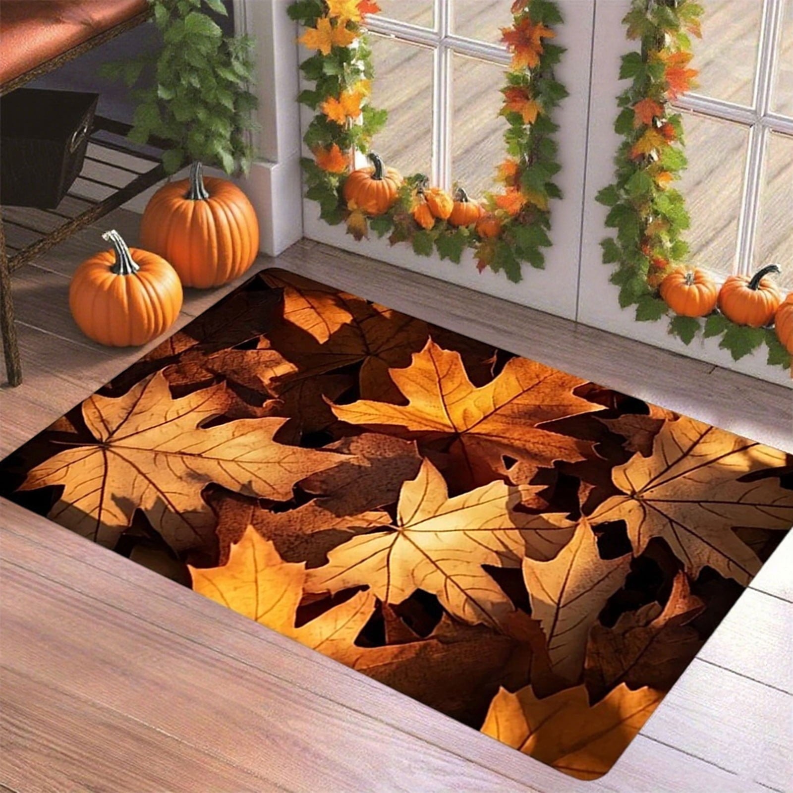 syligr Halloween Thanksgiving Doormat with Maple Leaf & Pumpkin Patterns - Non-Slip Floor Mat for Entryway, Kitchen, Porch, Fall Harvest Decor Rug with Anti-Fatigue Backing, Gift for Thanksgiving