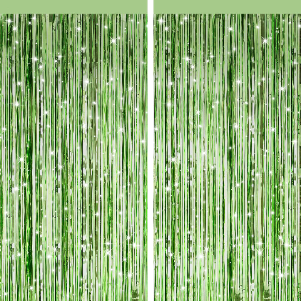 Light Green Metallic Tinsel Foil Fringe Curtains, 4 Pack 3.3x6.6 Feet Party Streamer for Birthday Bachelorette Party Decorations