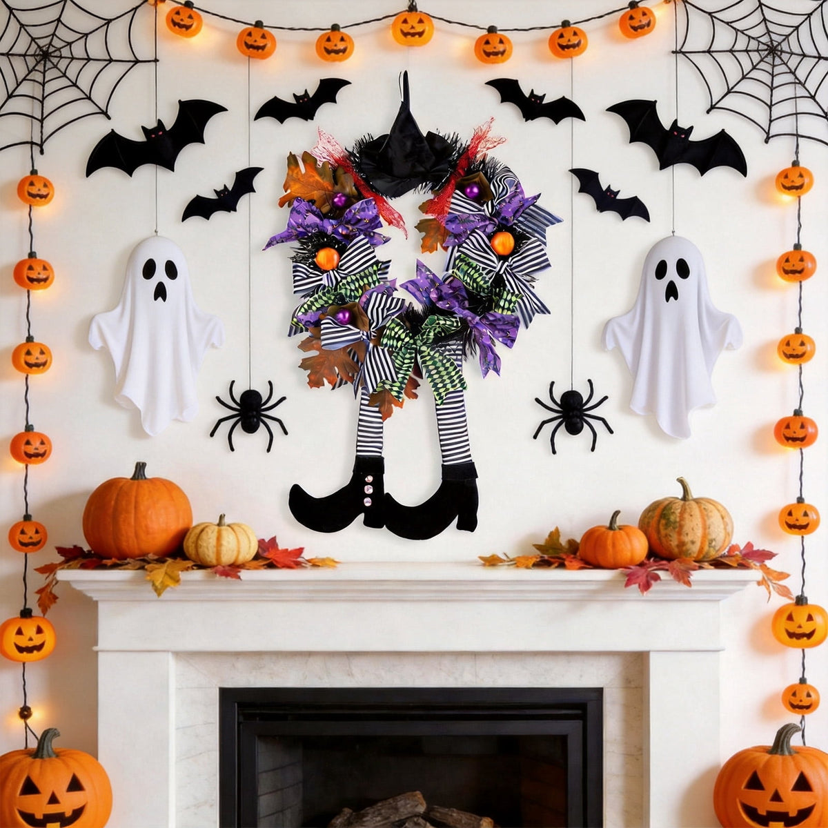 AGCAN 27 Inch Halloween Wreaths for Front Door, Unlit Halloween Wreaths with Witch Hat & Legs, Halloween Decorations for Home, Porch, Window, Indoor, Wall Decor