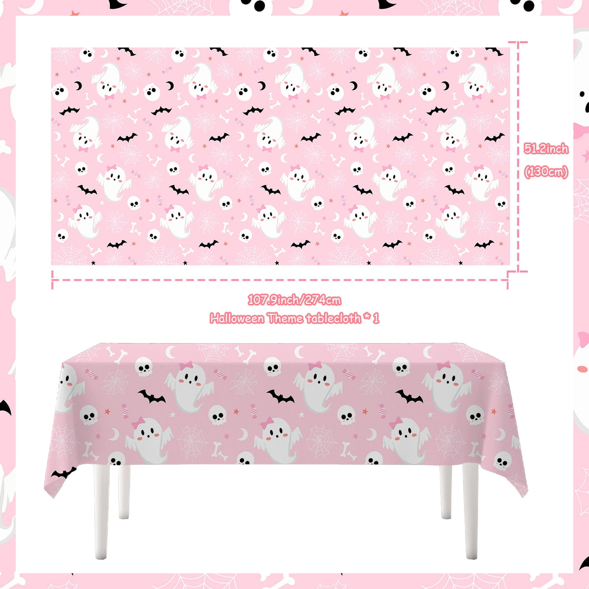 BrandName 1PC Pink Halloween Themed Tablecloth 9.0 x 4.3 ft Halloween Party Table Cover Ghost Bat Skull Spider Web Print Disposable Style Table Decoration for Indoor Outdoor Celebration Supplies