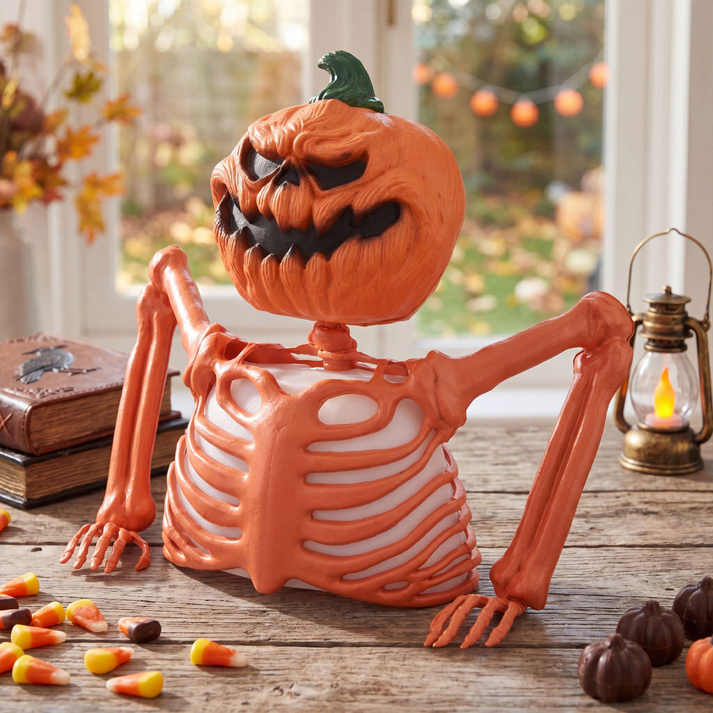 Joyfy Halloween LED Light Up Skeleton Pumpkin Table Decor,Multicolor Lighted Pumpkin Skeleton Ornament Indoor Outdoor Desk & Party Tabletop Decoration Supplies (10x8.6inch)