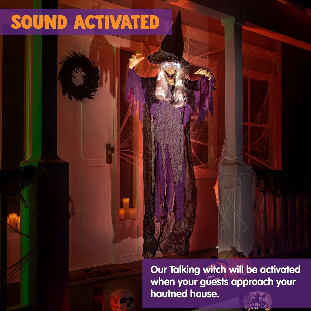 Joyfy 6ft Halloween Witch Decoration,Outdoor Scary Halloween Animatronic Hanging Witch with Light Up Eyes and Sound Decoration for Halloween Outdoor