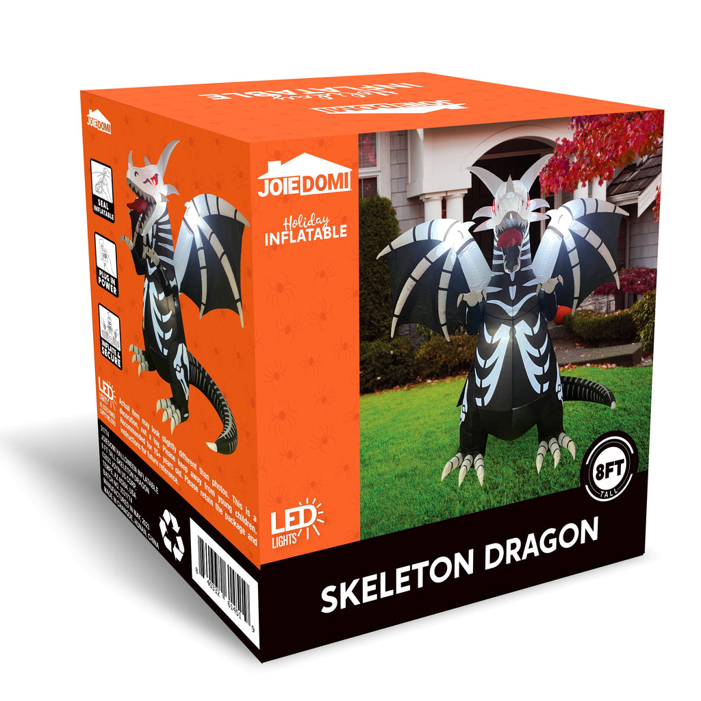 Joyfy 8 FT Halloween Inflatable Skeleton Dinosaur with Build-in LEDs Pumpkin Decorations,Halloween Outdoor Decorations Blow up Yard Decorations