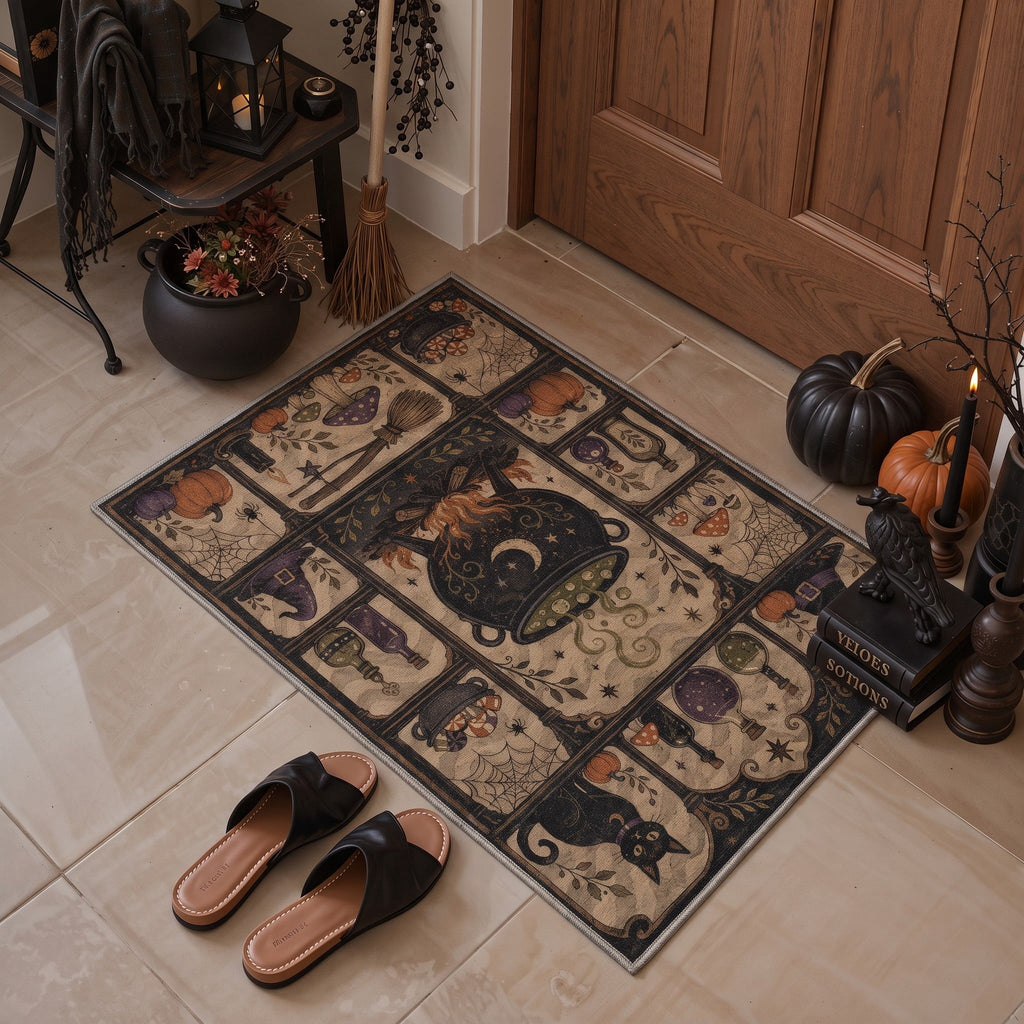 GENIMO 2'x3' Halloween Doormat, Washable Non Slip Soft Whimsical Cat Outdoor Door Mat for Front Door Covered Porch Patio Entryway, Rustic Black