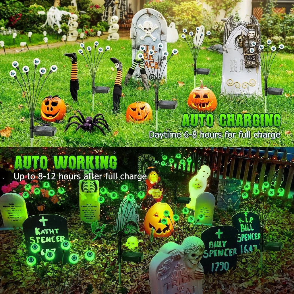Morfone Halloween Decorations Outdoor, 2 Pack 12 LEDs Solar Scary Eyeball Lights, Waterproof Eyeball Swaying Firefly Lights, Halloween Path Lights for Garden Yard Party, Green