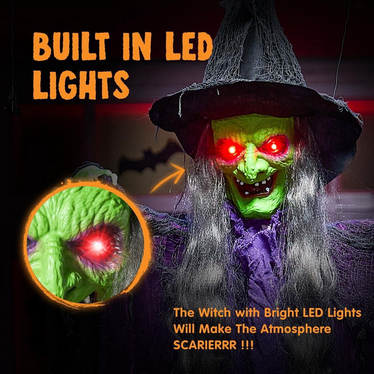 Joyfy 6ft Halloween Witch Decoration,Outdoor Scary Halloween Animatronic Hanging Witch with Light Up Eyes and Sound Decoration for Halloween Outdoor