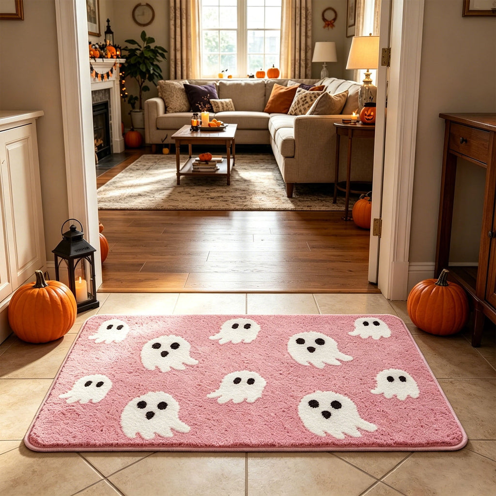 Halloween Heart Print Doormat 60x40cm, Black Orange Spooky Entry Mat for Front Door, Non-Slip Indoor Outdoor Rug