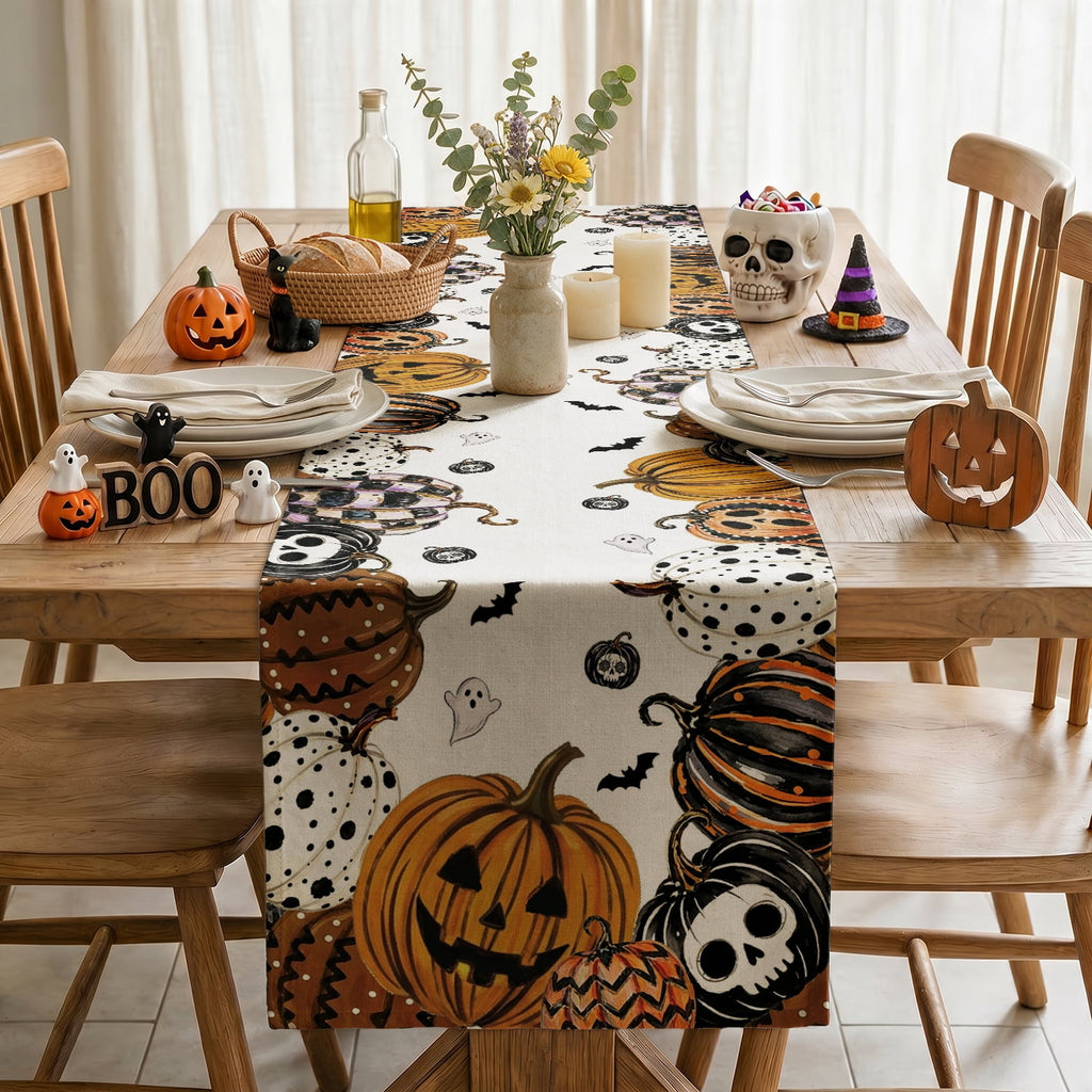 Sm:)e Halloween Table Runner Ghost Pumpkin 13x72 Inch, Halloween Party Kitchen Dining Indoor Outdoor Decorations,Orange