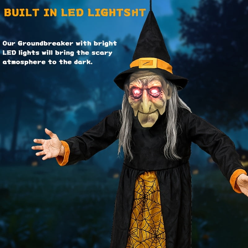 Halloween animated witch with sound and light effects (AAA batteries not included), perfect for haunted house decoration, voice-activated witch party horror hangings, Halloween escape props