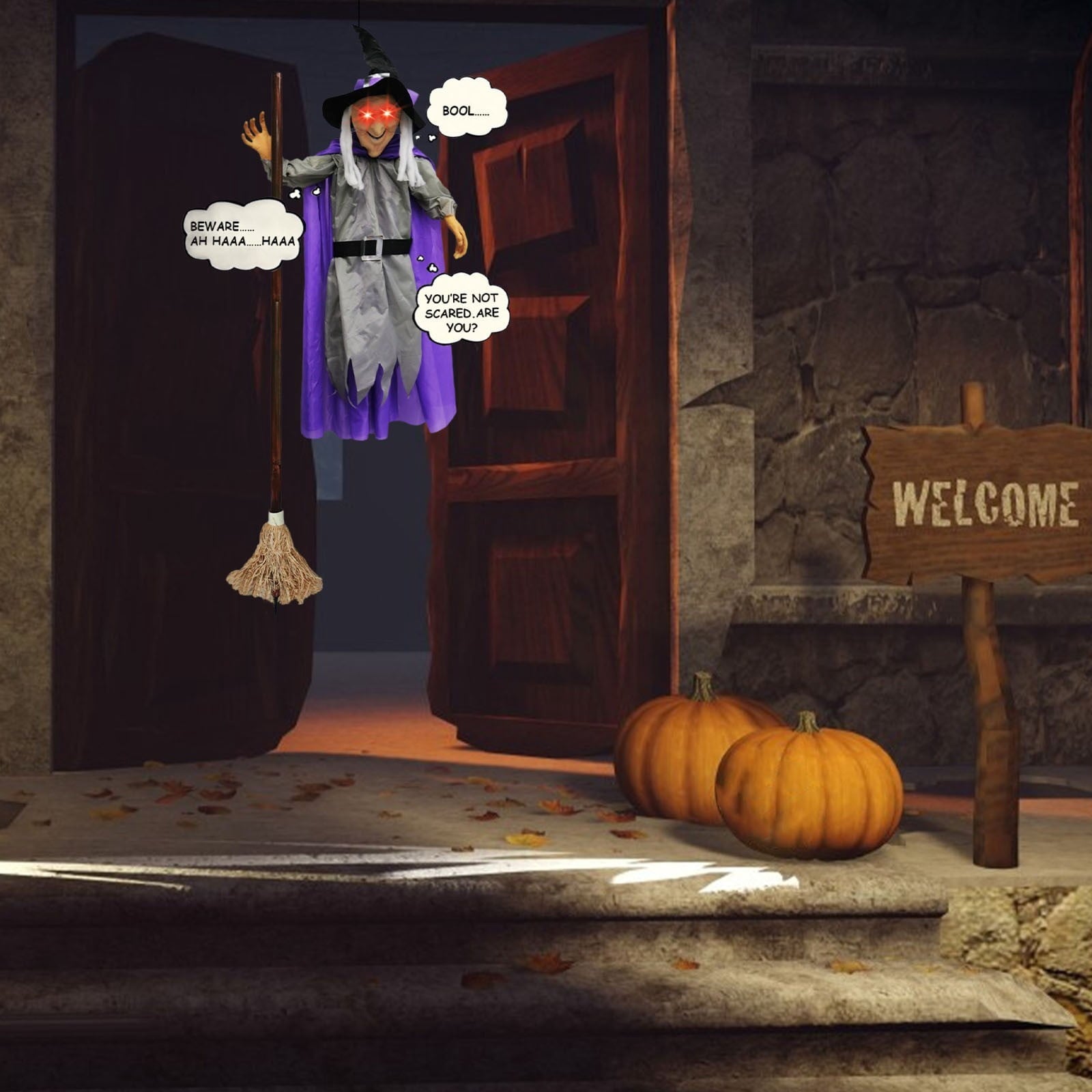 Halloween Flying Witch on Broom Decorations, 6 FT Animated Hovering Witch Animatronics Holding Sweeper Props with Scary Lights, House Decor for Outside Indoor Garden Yard Lawn