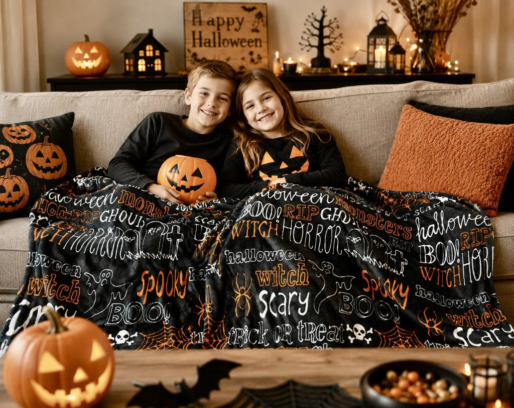 Serafina Home Halloween Throw Blanket: Fuzzy Boo! Jack O'Lantern Spider Webs Skull and Black Cats Print on Velvet Fleece for Sofa Bed Couch Chair Dorm