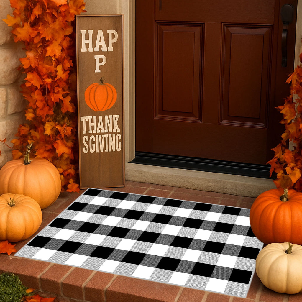 Orange Plaid Fall Outdoor Mat, Hand-Woven Porch Rug for Thanksgiving Halloween Door Decor
