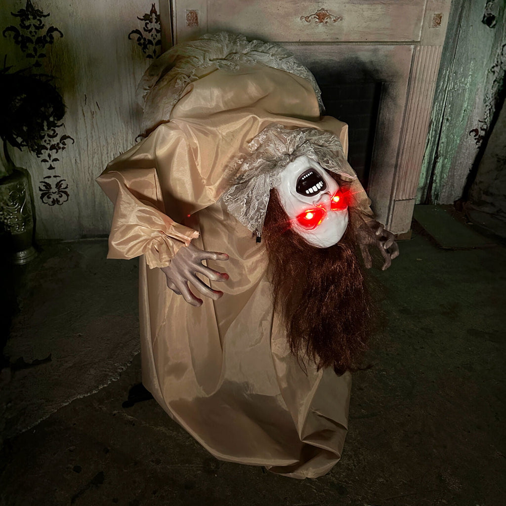 Haunted Hill Farm 3.4 ft Touch-Activated Animated Possessed Backbend Lady Halloween Animatronic, HHLADY-15FLSA