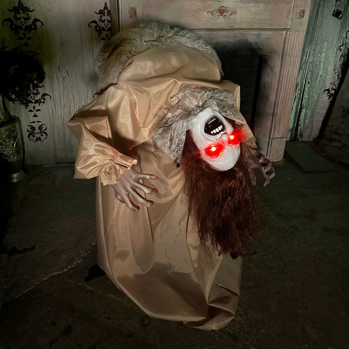 Haunted Hill Farm 3.4 ft Touch-Activated Animated Possessed Backbend Lady Halloween Animatronic, HHLADY-15FLSA