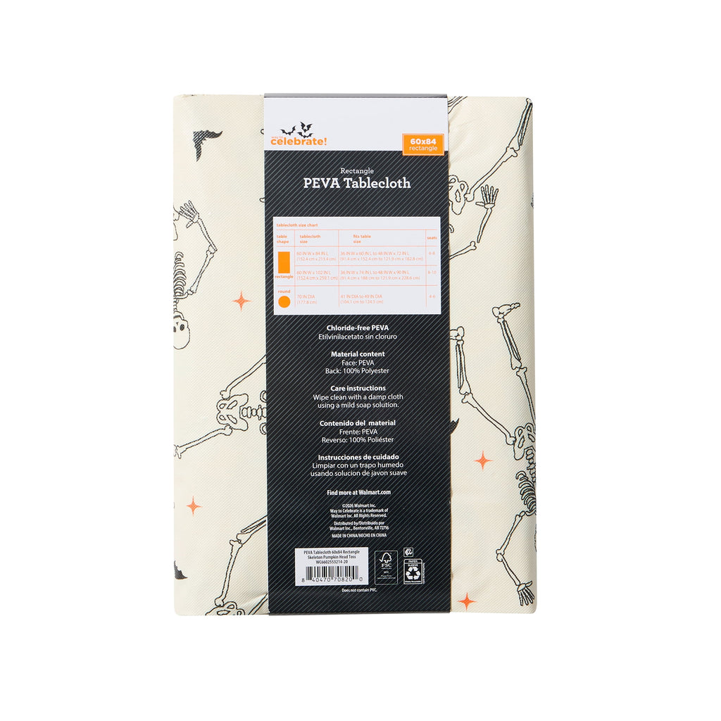 Way To Celebrate Halloween PEVA Tablecloth, For Table 60" x 84" - Skeleton Pumpkin Head Toss