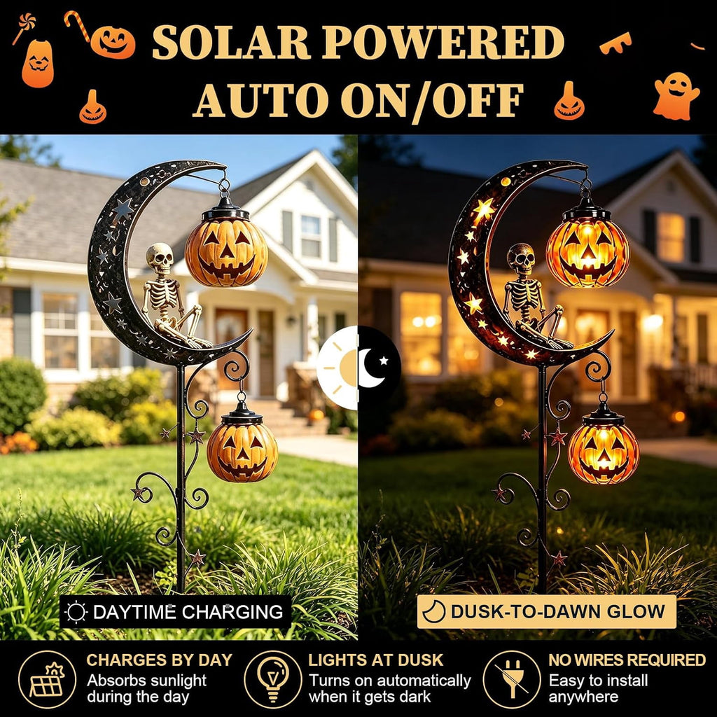 Solar Halloween Black Cat & Pumpkin Moon Garden Stake Light | Waterproof Metal Black Cat Yard Ornament, Auto On Off Solar Outdoor Light, Fall Halloween Decor Stake for Lawn Patio Pathway
