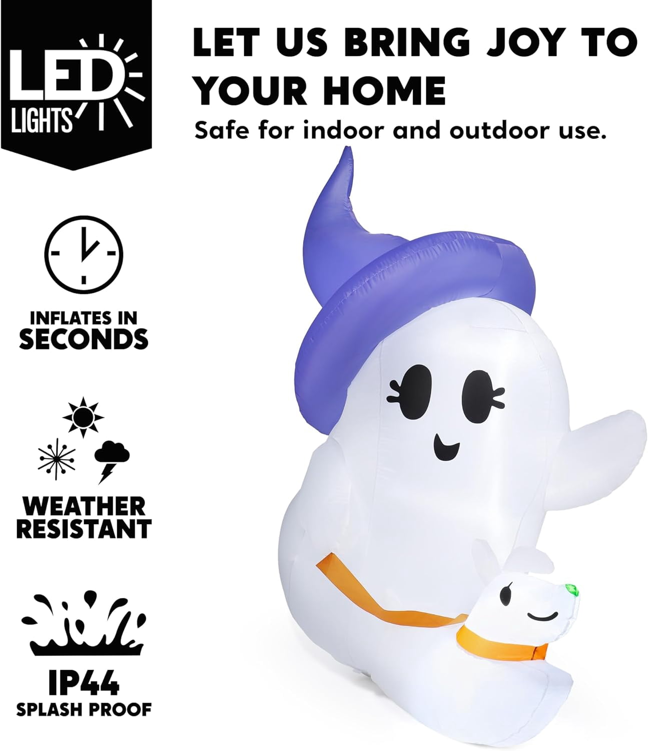 Joyfy 5ft Halloween Inflatables Light up Cute Ghost,Blow Up Ghost Lift Pumpkin Candy Bag with Build-in LEDs for Yard Decorations