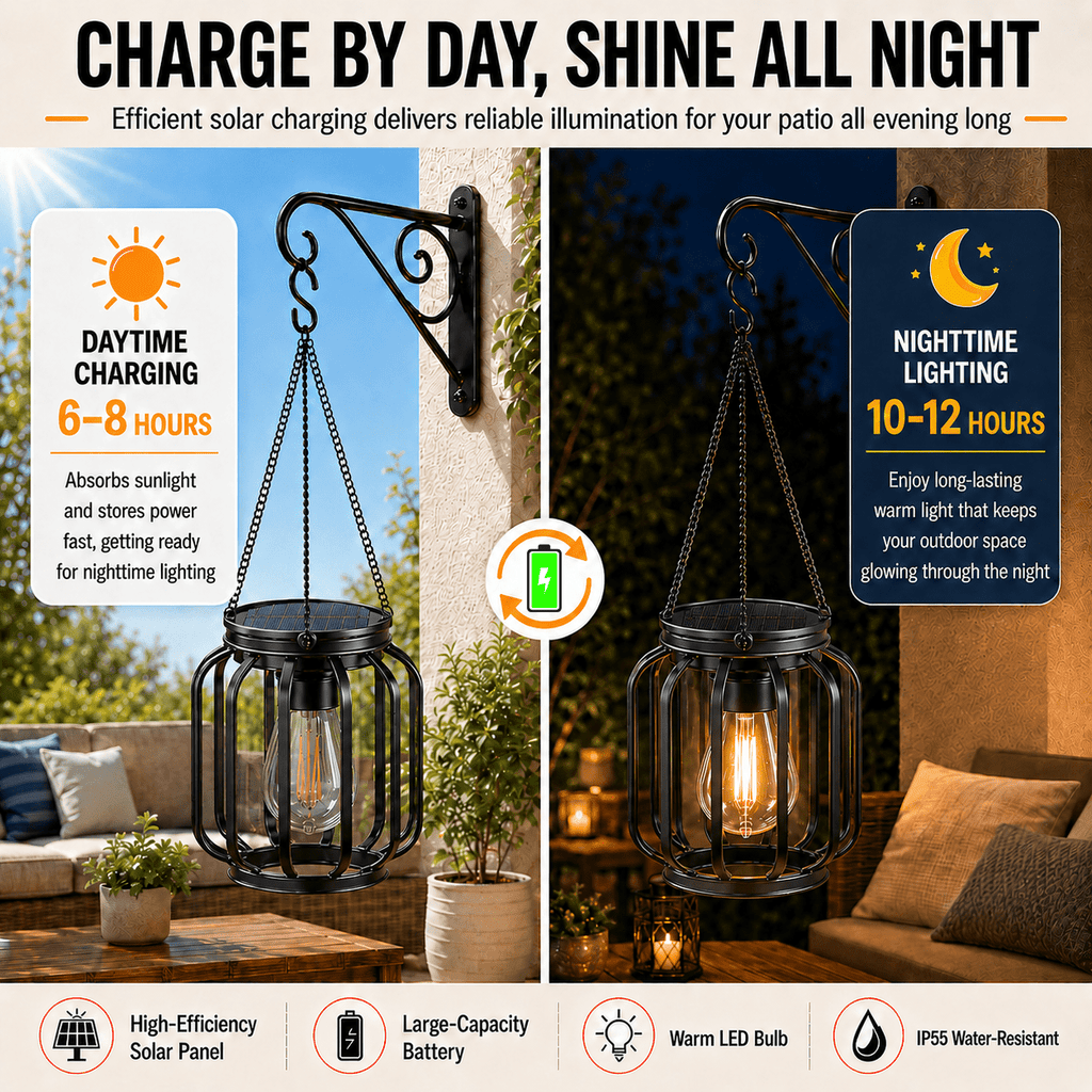 Diigabo 2-Pack Solar Hanging Lanterns Outdoor Metal Waterproof LED Lights with Hook Warm Bright Decorative Lanterns for Yard Garden Patio