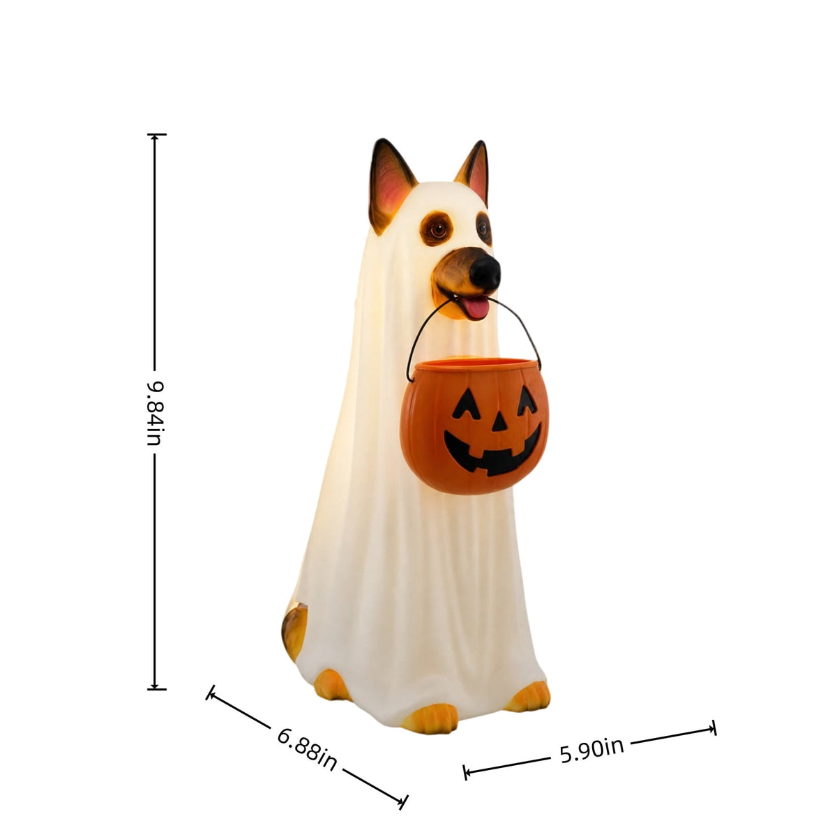 Halloween Dog Greeter - Frenchie 7.9in Resin Witch Dog with Light-Up Pumpkin, Spooky Fall Decor, Indoor Outdoor Tabletop Decoration