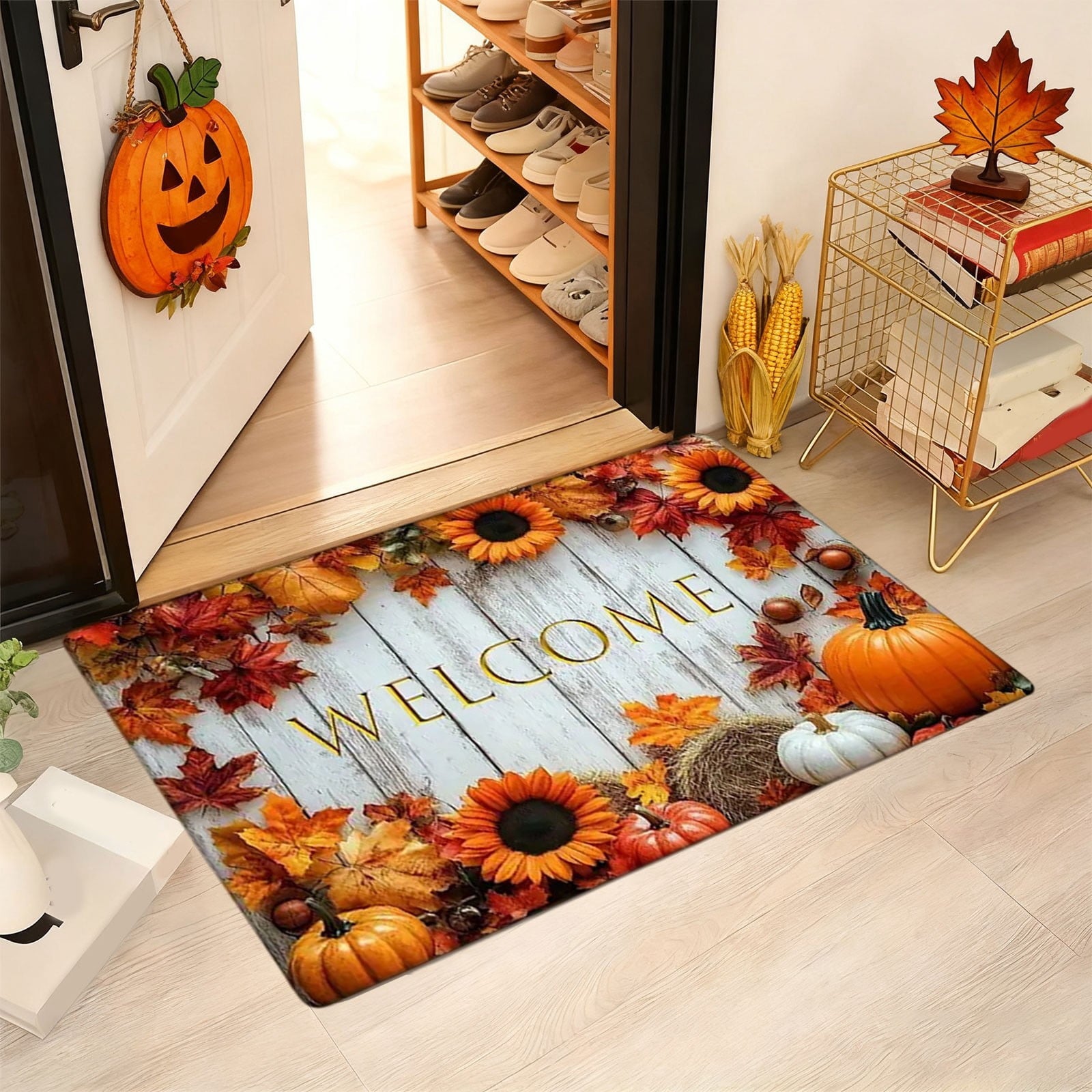 Fall Welcome Maple Leaves Decorative Doormat,Fall Pumpkins Maple Leafs Door mat Indoor Outdoor Entrance Floor Mat Non Slip Autumn Entry Mat for Thanksgiving Porch Front Door Decor 23.62*15.75in（A）