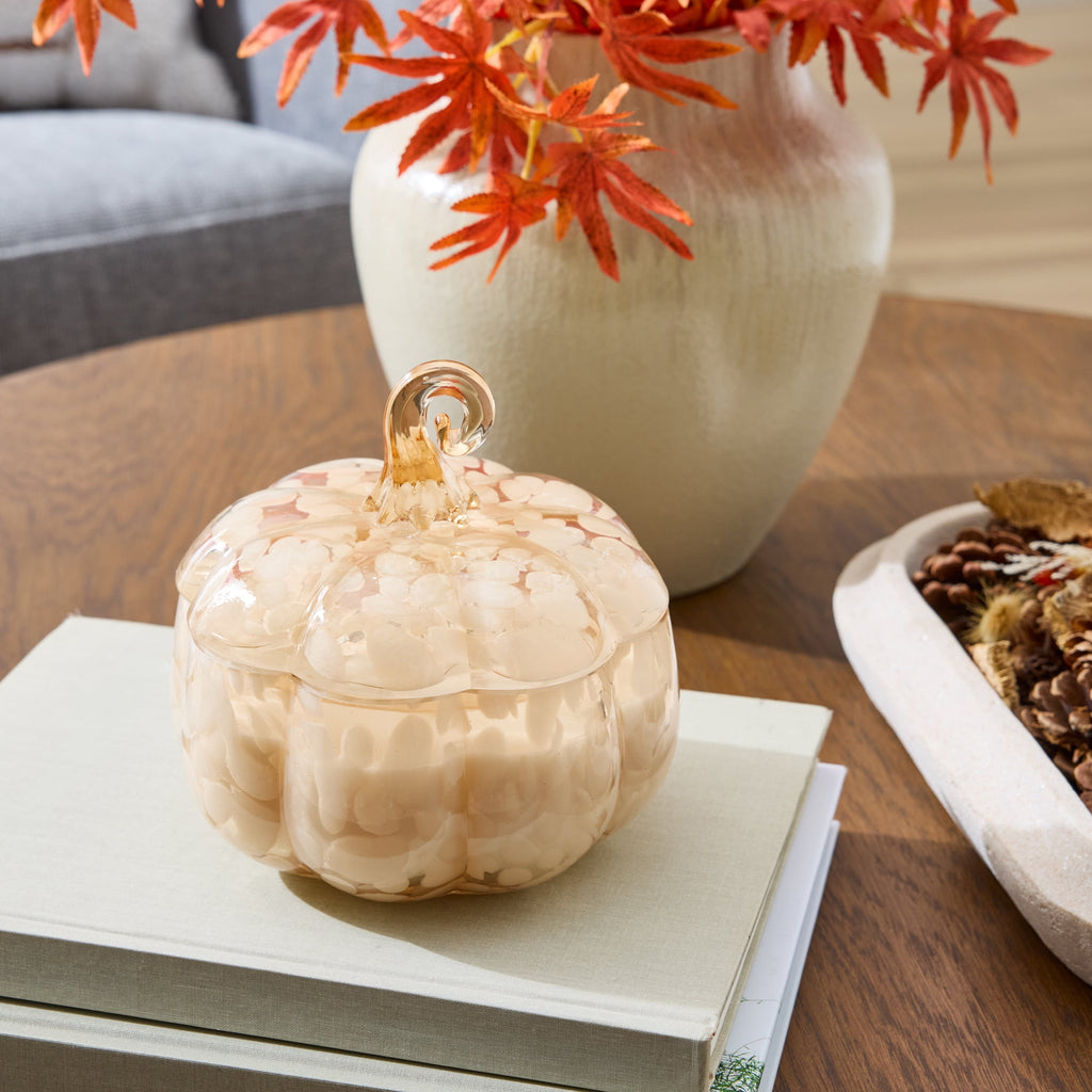Better Homes & Gardens 2-Wick 18 oz White Tortoiseshell Glass Pumpkin Jar Candle, Pumpkin Snickerdoodle Swirl