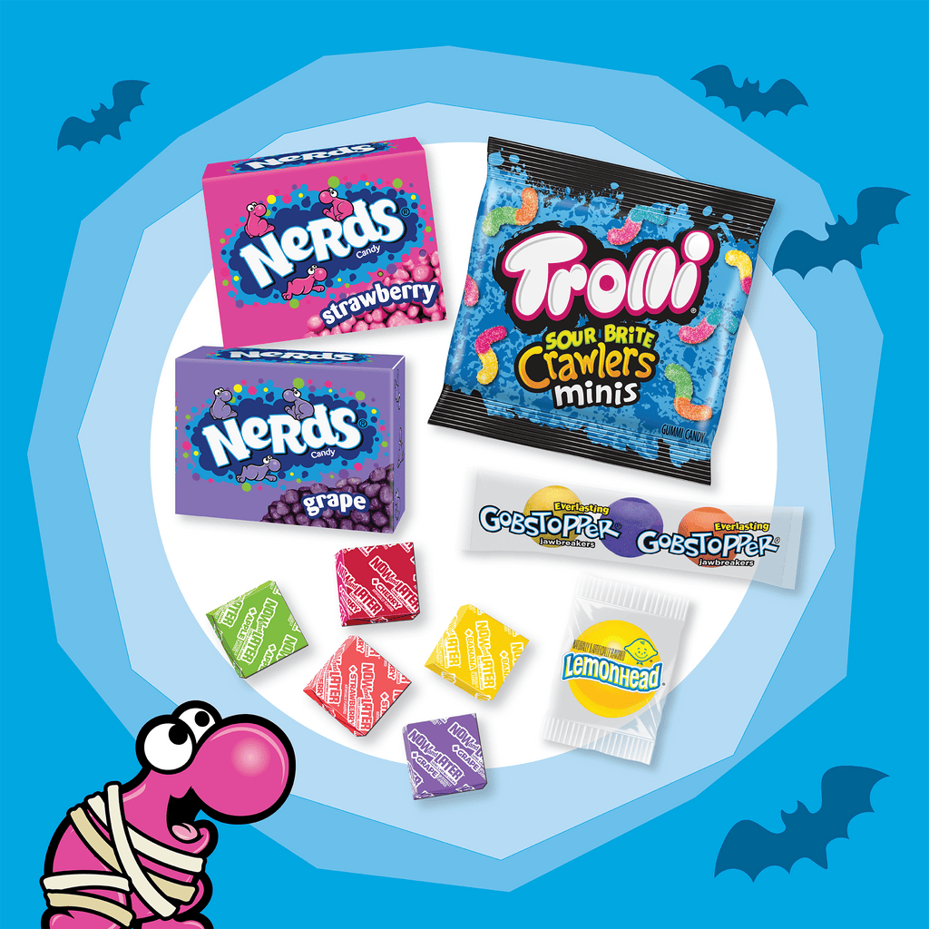 Nerds Classic Fun Halloween Trick-or-Treat Variety Bag, Trolli, Now and Later, Lemonhead, Gobstopper, and NERDS Original, 260 Pieces, 68.8 Ounces