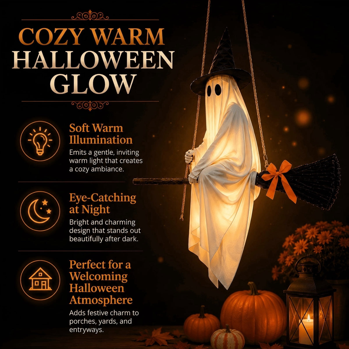 Clearance 5 FT Hanging Ghost Decor,Early Halloween Decorations Light-Up Flying Ghost on Broomstick with Witch Hat, Witch Broom, Spooky Cute Outdoor Halloween Decorations for Front Porch Yard Tree
