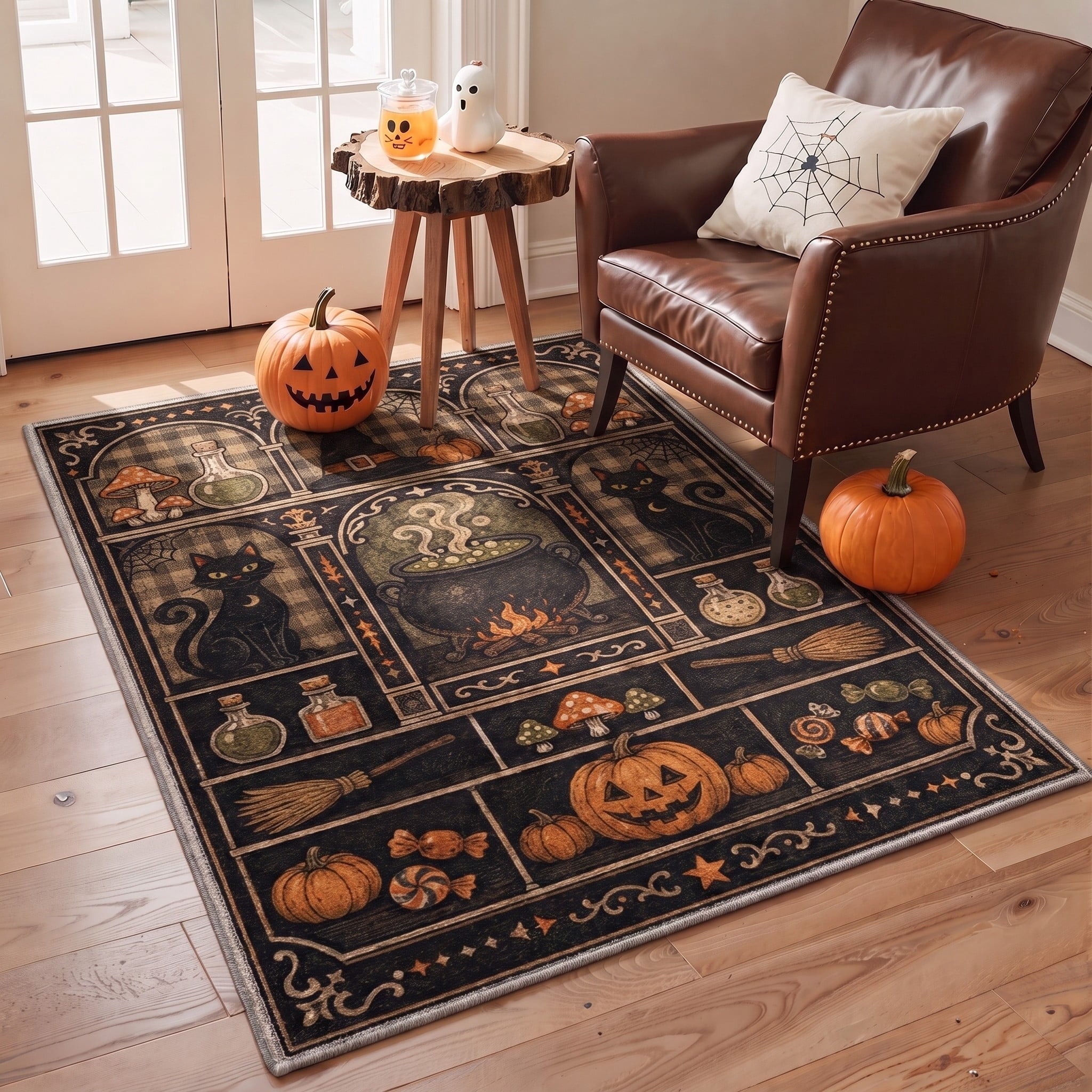 GENIMO 5'x7' Halloween Area Rug for Living Room, Washable Non Slip Soft Farmhouse Pumpkin Indoor Rug for Bedroom Dining Room Home Office, Vintage Sepia