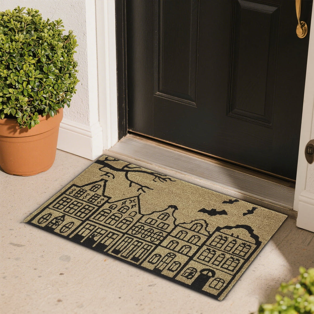 QLUEWX Halloween Haunted House Bat Coir Door Mat, 30×18" Non-Slip Natural Coconut Fiber Welcome Mat, Spooky Outdoor Entryway Rug for Front Porch Patio Decor Gifts for All Ages