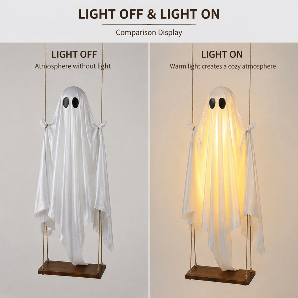 Halloween Light-Up Ghost Decorations Outdoor - 6.5 FT - 8 Sounds Gaint Hanging Swing Ghost Halloween Decoration, Spooky Cute Ghosts Decorations for Front Porch Yard Tree