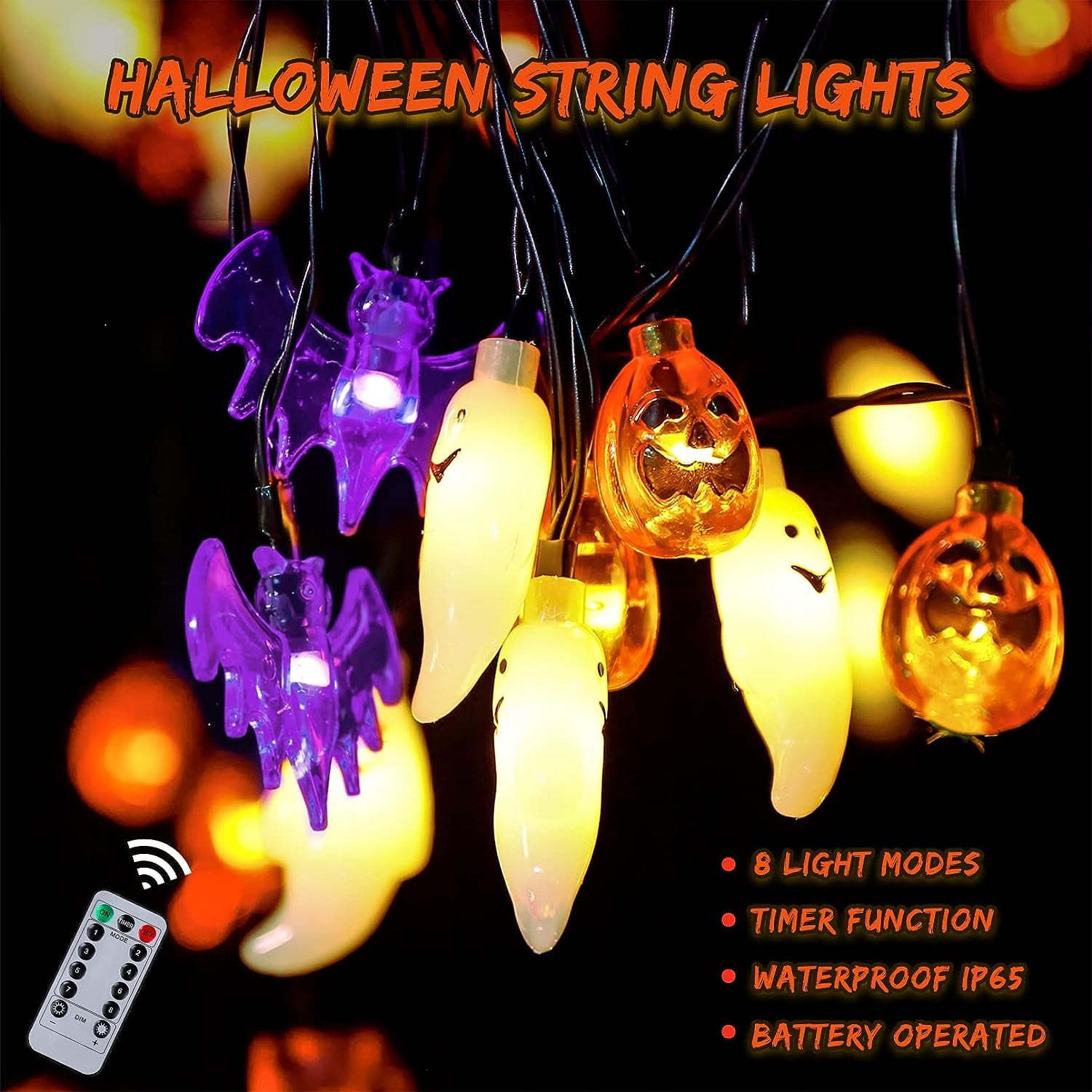 Halloween Lights, 20FT 30 LED Waterproof 3D Pumpkin Bat Ghost Battery Operated String Lights with Timer - 8 Lighting Modes Fairy Light for Window Indoor Outdoor Decor Halloween Party Decorations