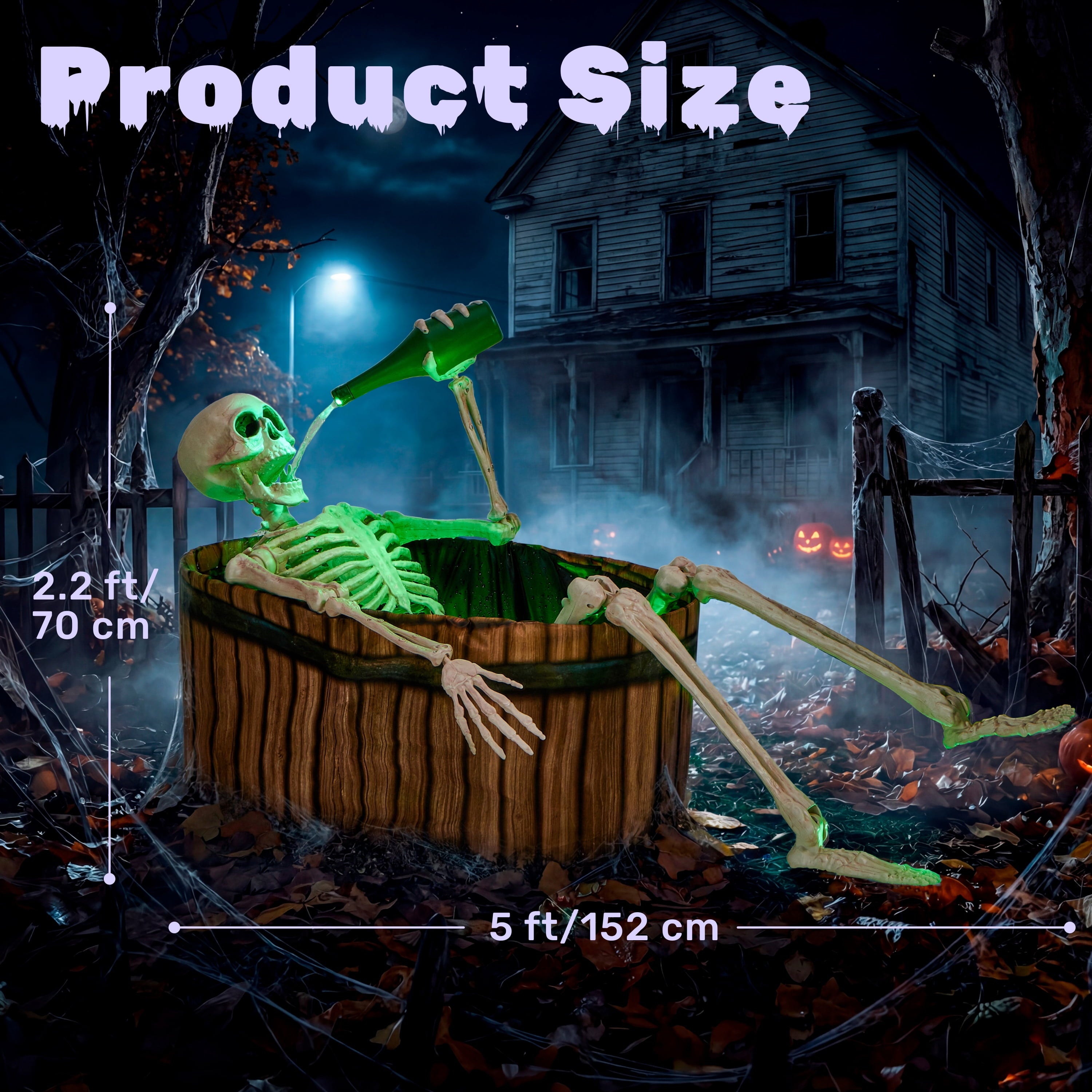 Joyfy 5ft Drinking Skeleton Halloween Animatronic Decorations, Outdoor Haunted Props with Endless Liquid Pouring Effect, Green LED Lights & Spooky Sounds, Life-Size Skeleton for Garden Yard Lawn