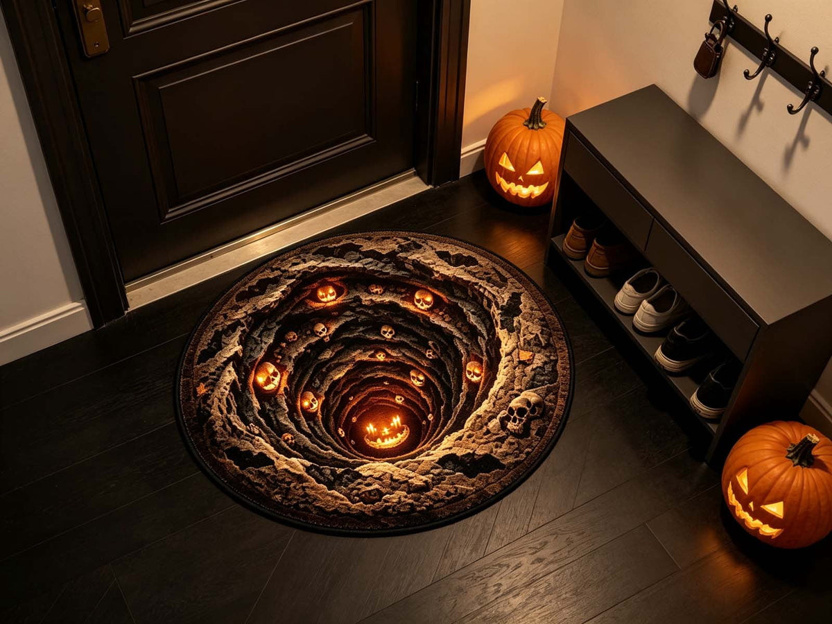 3D Halloween Round Rug, Illusion Halloween Round Mat, Funny Rug with Non-Slip Soft Visual Effect Door Mat for Living Room Indoor Decor