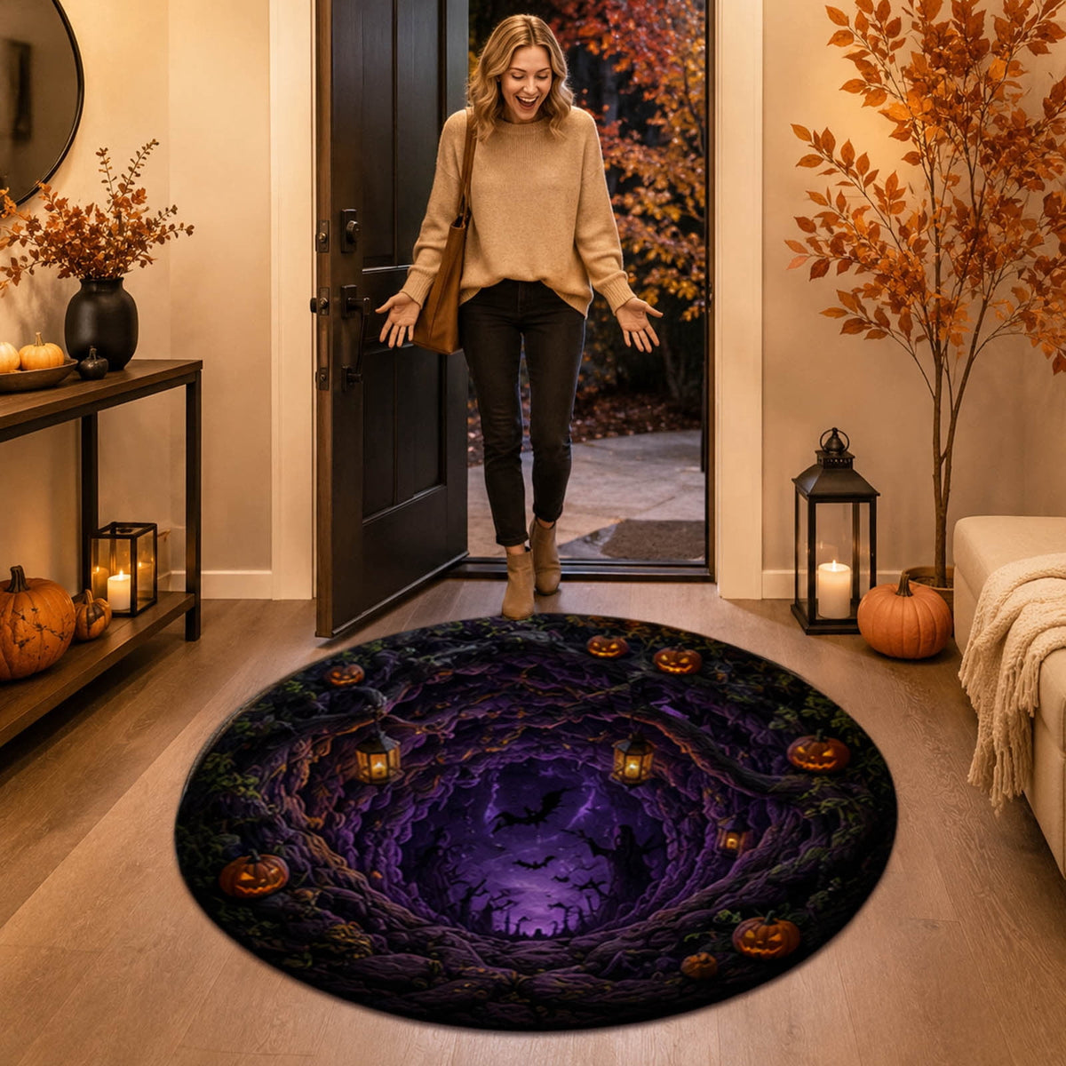 3D Illusion Halloween Round Rug, Non Printed Optical Vortex Doormat, Spooky Circular Floor Mat for Indoor Entryway Home Party Decor 60x60cm