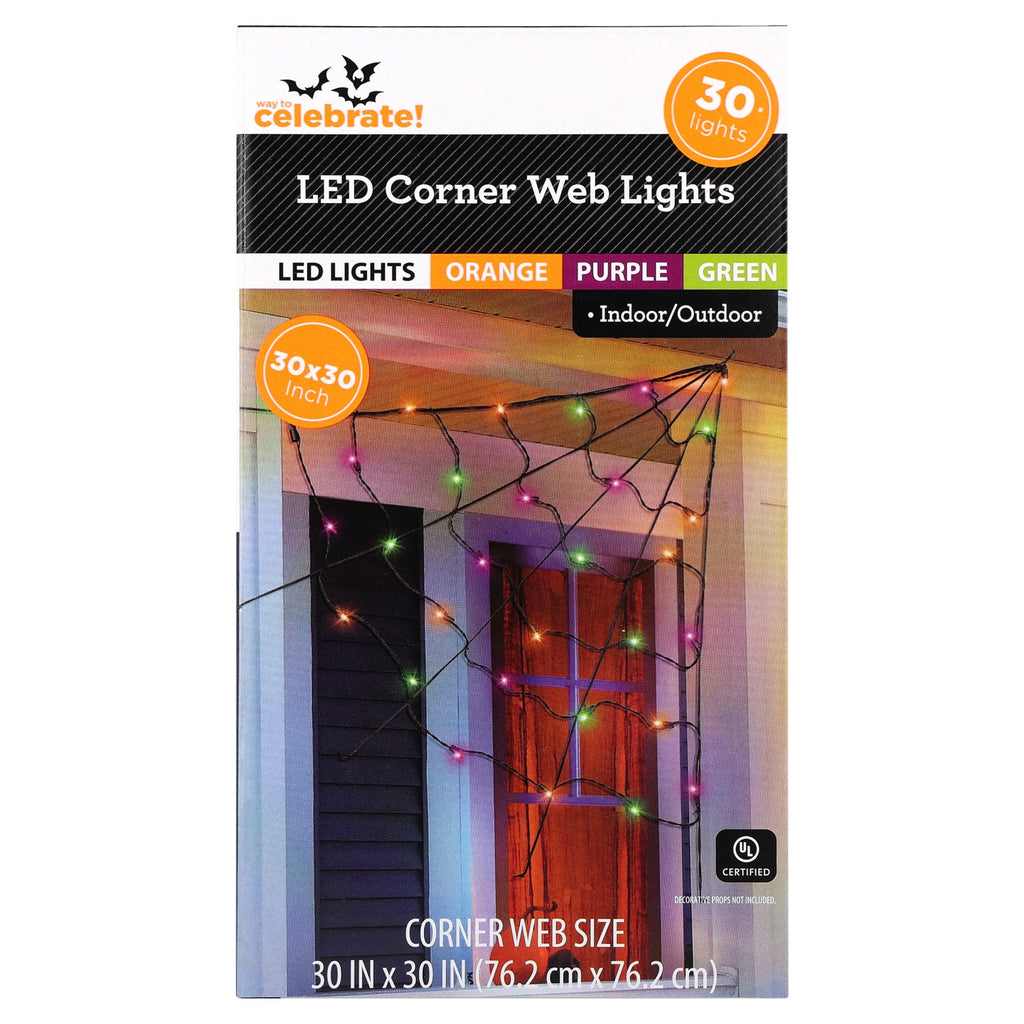 Indoor/Outdoor 30-Count LED Corner Web Lights, Multicolor, 30" x 30", Halloween by Way To Celebrate