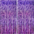 3PCS Foil Fringe Curtains Purple Gradient Holographic Backdrop with Demon Energy Pattern, 6.6ft Streamer Decorations for Birthday Graduation Bachelor Party