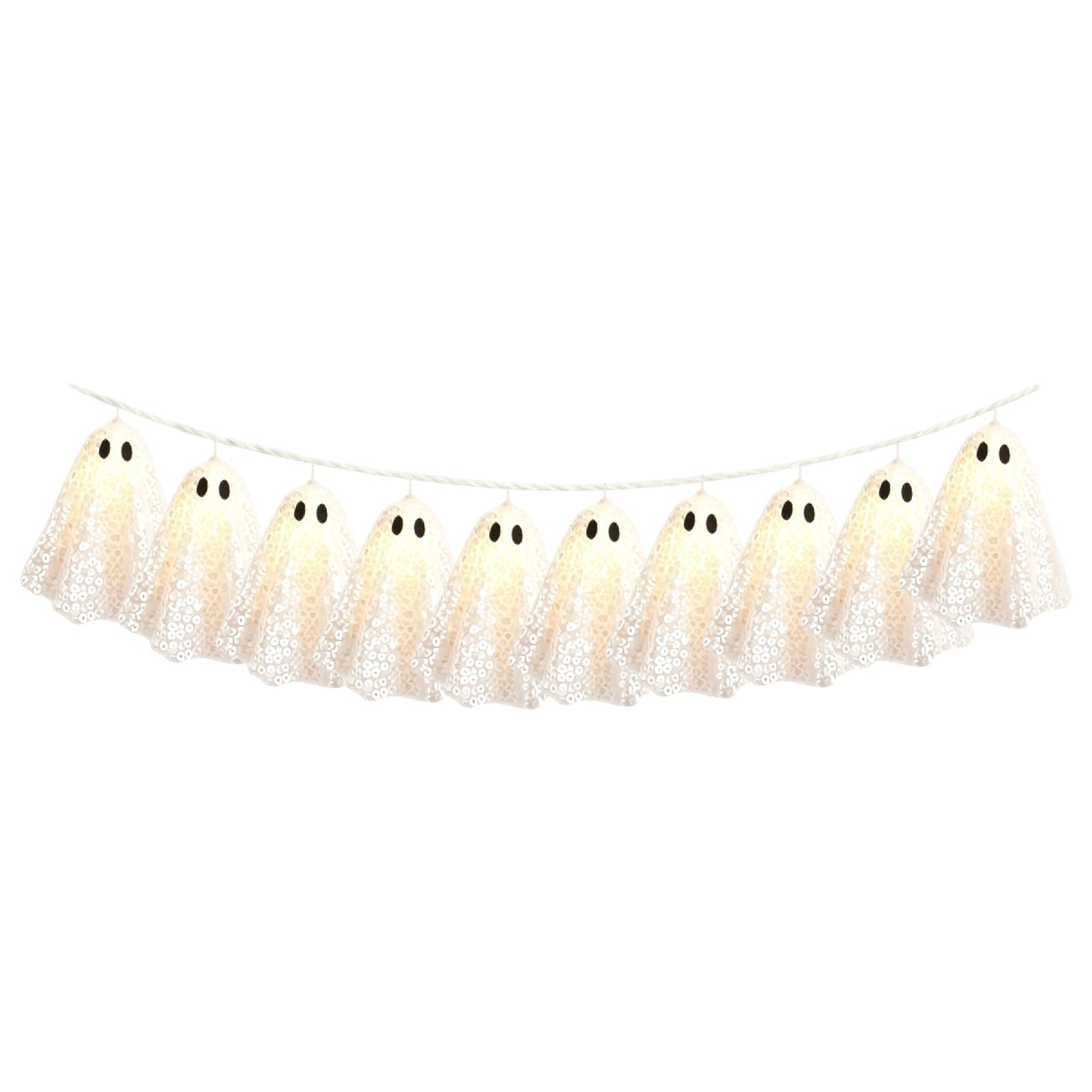 Halloween Light Up Ghost Garland, 6.56FT 10 Sequin Ghost Banner with Black Eyes, Spooky Hanging Decoration for Fireplace Party Yard Tree Indoor & Outdoor Decor