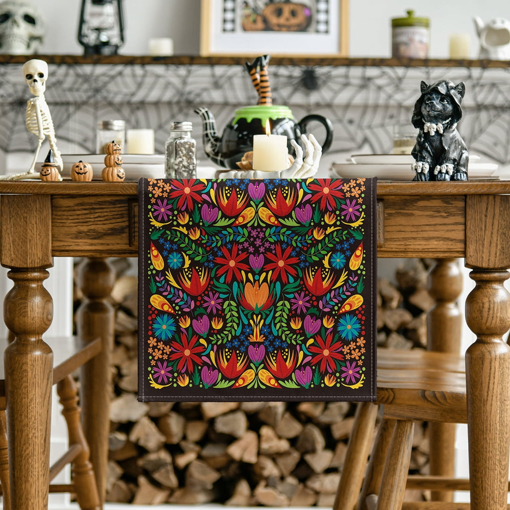 Sm:)e 13"x72" Black Floral Dia De Los Muertos Serape Table Runner, Polyester, Mexican Fiesta Design, Party Kitchen Dining Decoration