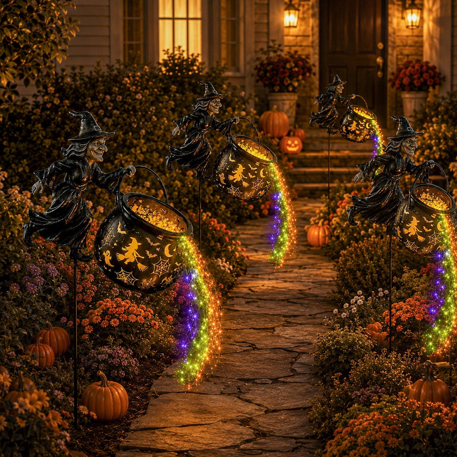 Halloween Witch Cauldron Garden Light, 3D Witch Cauldron LED Projector Outdoor Decor, Solar Powered Garden Stake Light with Halloween Shadow Projection Effect